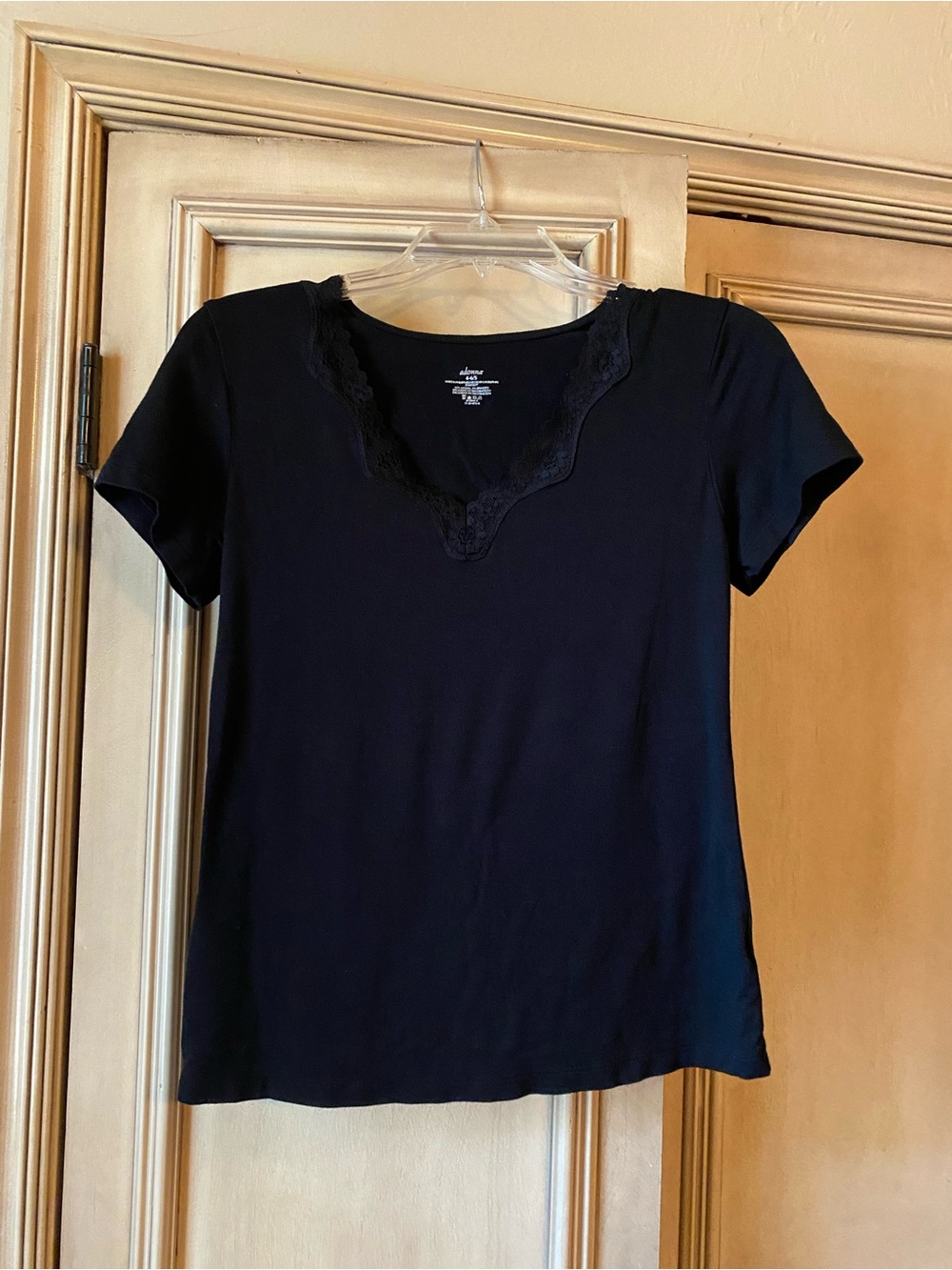 Adonna Women’s Black V-Neck Lace Trim Short Sleeve Stretch Sleep shirt, Size S